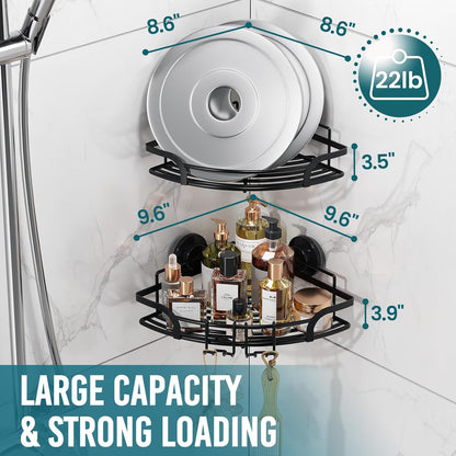 2 Pack, TAILI Powerful Suction Cup Corner Shower Caddy Stainless Steel Rustproof Shower Shelf with Hook, Drill-free