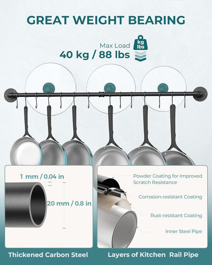 OROPY 38 Inch Pot Bar Rack - Wall Mounted Detachable Pans Hanging Rail with 14 S Hooks, Black
