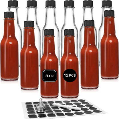 12 5 oz/ 150 ml pcs Hot Sauce Glass Bottles with Leak Proof Screw Cap,Orifice Reducer Dripper Insert, Clear Oil Bottle