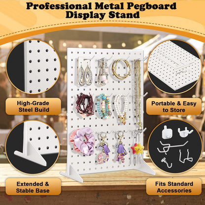 4 Pack Peg Board Display Stand for Vendors with 48 Hooks Metal Tabletop Pegboard Display Stand for Craft Shows 17" X 13" Retail Display Racks For Jewelry Earring Keychain PegBoard Organizer White