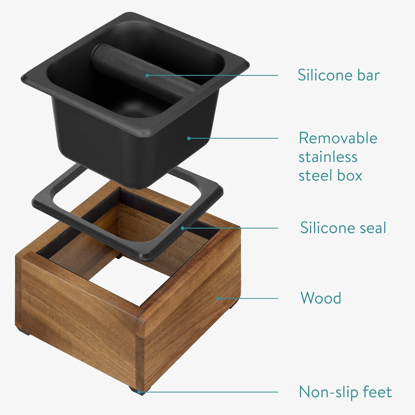 Navaris Coffee Knock Box, Stainless Steel and Wood Bin for Espresso Machine Coffee Grounds with Silicone Bar for