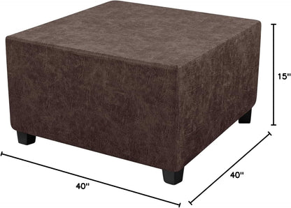 40x40x15inch 1 Leather Looking Ottoman Cover Brown Stretch Footstool Slipcover Piece Washable Removable