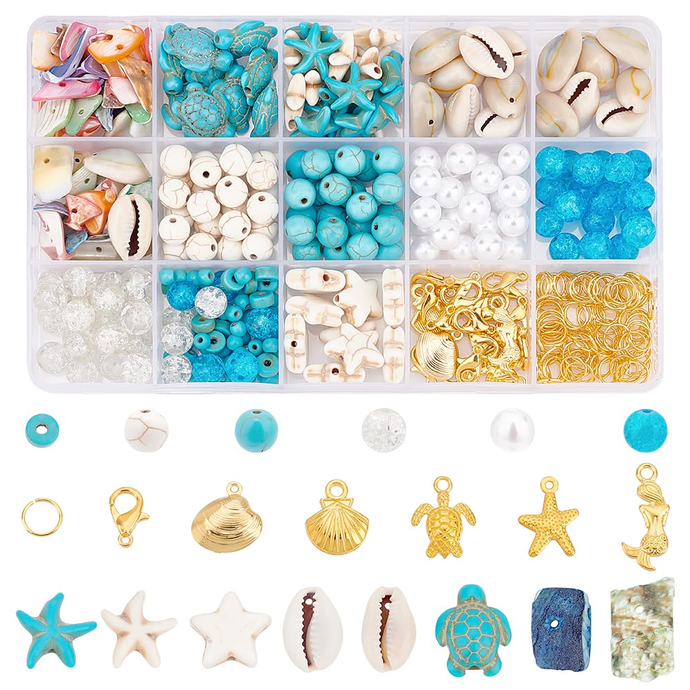 PandaHall 357pcs Starfish Shell Beads Ocean Jewelry Making Kit - 20g Synthetic Turquoise Seashells, Turtle & Mermaid Charms, Cowrie Shell Beads for Summer Beach Necklace, Bracelet & Anklet
