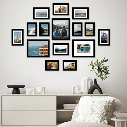 JCJMY 15 Pack Picture Frames Collage Wall Decor for Wall Hanging or Tabletop, Gallery Wall Frame Set for Family, Multi Sizes Photo Frames Collage Including 3Pcs 8x10, 6Pcs 5x7, 6Pcs 4x6, Black