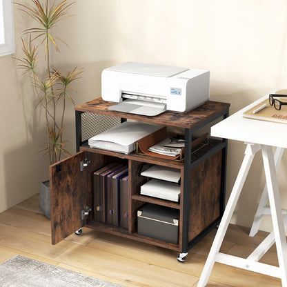 Giantex File Cabinet, Lateral Filing Cabinet with Lock, Wheels, Charging Station, Cable Hole, Lockable Side Cabinet, Adjustable Shelves, Metal Frame, Printer Stand for Home Office Small Space (Brown)