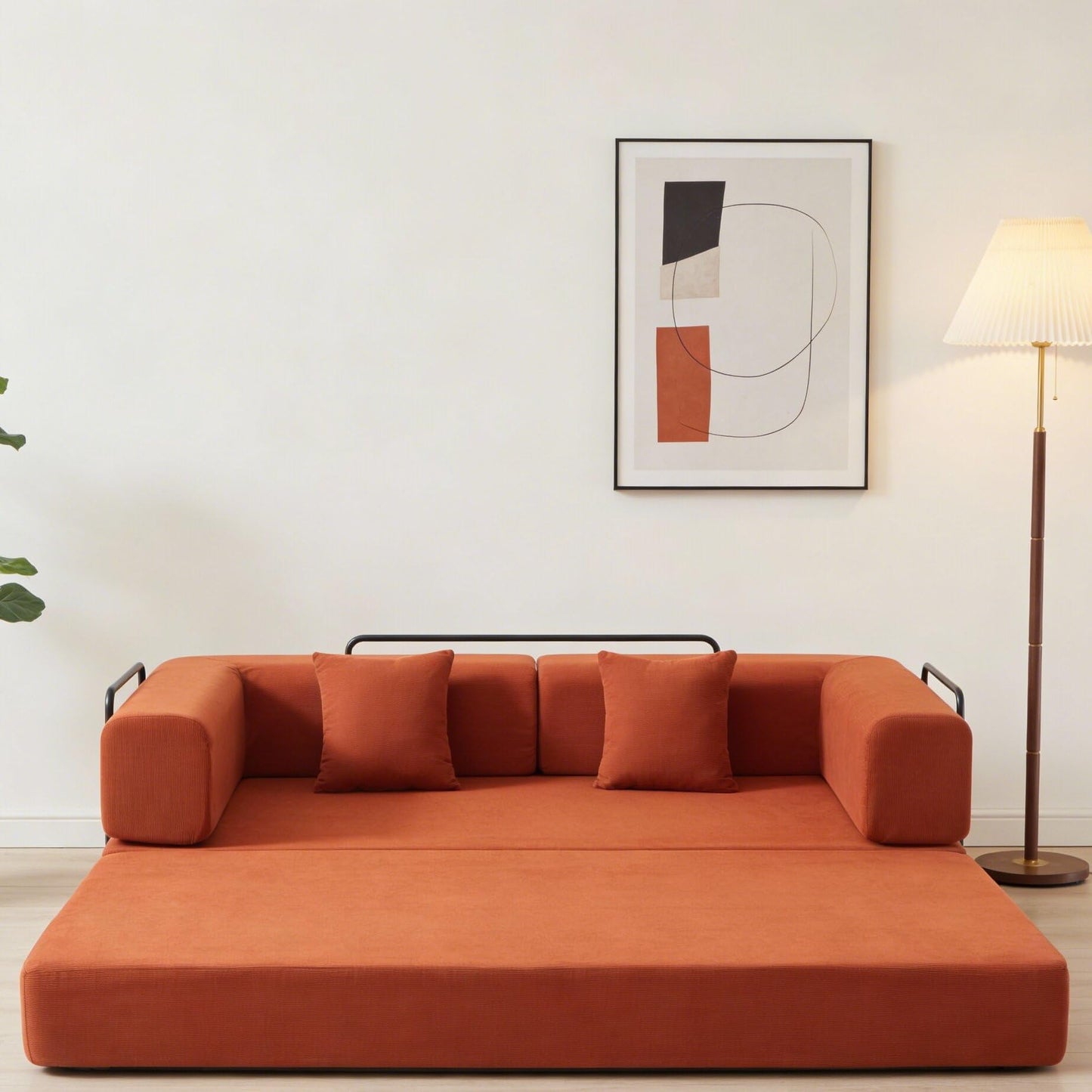 KEIKI 78” Futon Sofa Bed, 4-in-1 Folding Convertible Corduroy Sleeper Sofa, Boneless Couch for Living Room with Supportive Metal Frame, Modern Floor Lounge for Relaxing Reading Napping, Orange