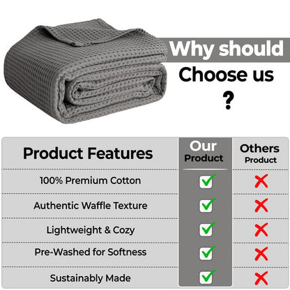 100% Cotton Blankets for Bed - Waffle Weave Blankets for Summer, Lightweight and Breathable Soft Woven Blanket for Spring (Dark Grey, Throw (50" x 60"))