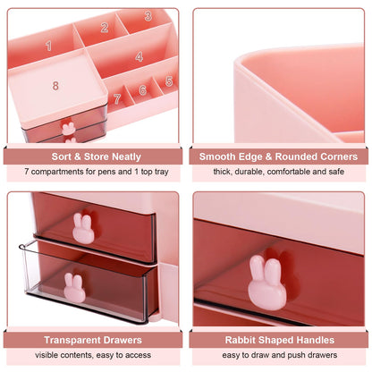 Meiikun Desk Organizer, Makeup Organizer with 2 Drawers, 7 Compartment & a Top Tray, Desktop Organizers and Storage for Women, Cute Home organization Bathroom, 11" x 5.7" x 4.7" (Pink)