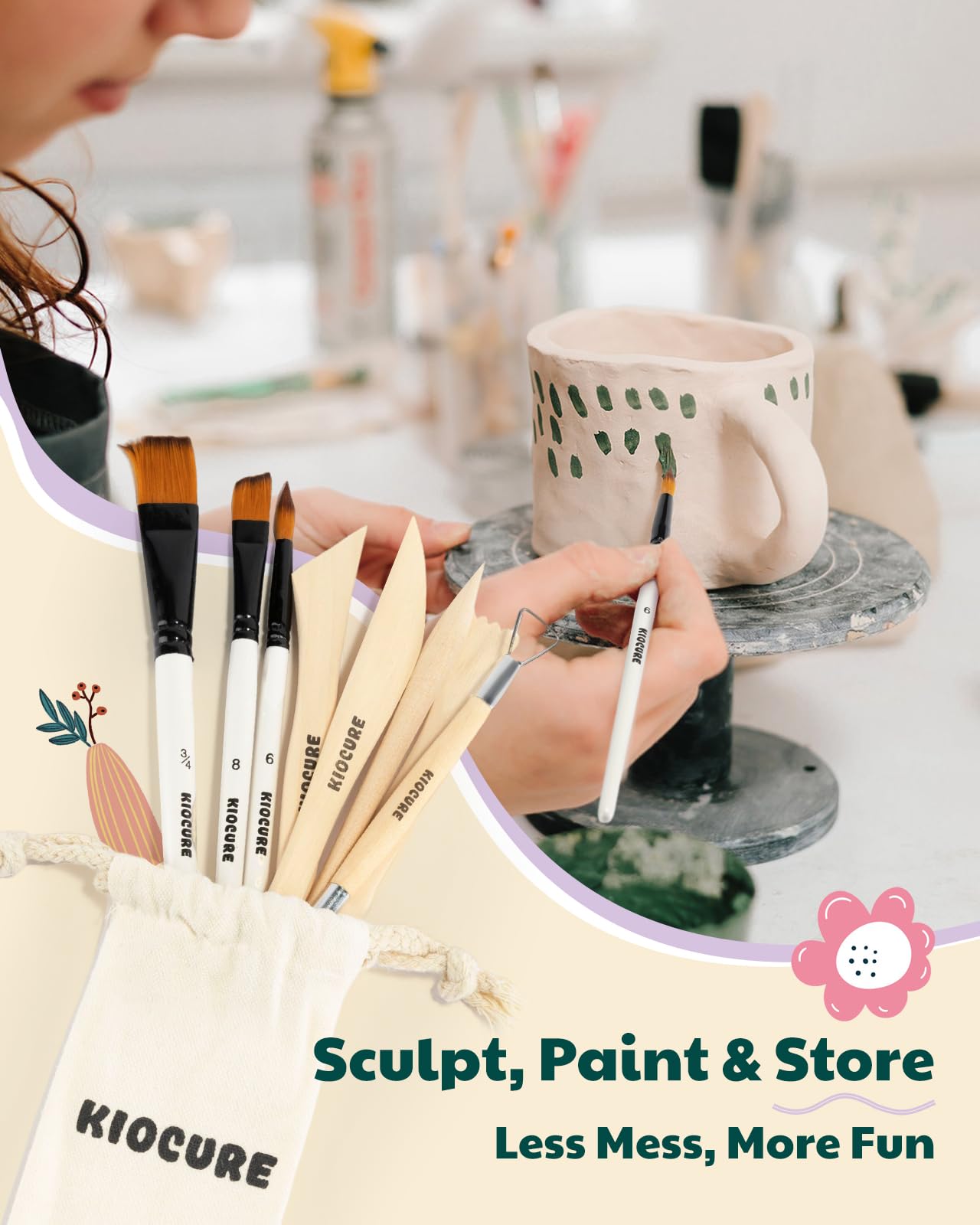 Kiocure Air Dry Clay for Adults, Pottery Tool Kit, DIY Kits for Adults with Air Dry Clay Paint & Varnish, Pottery for Beginners at Home