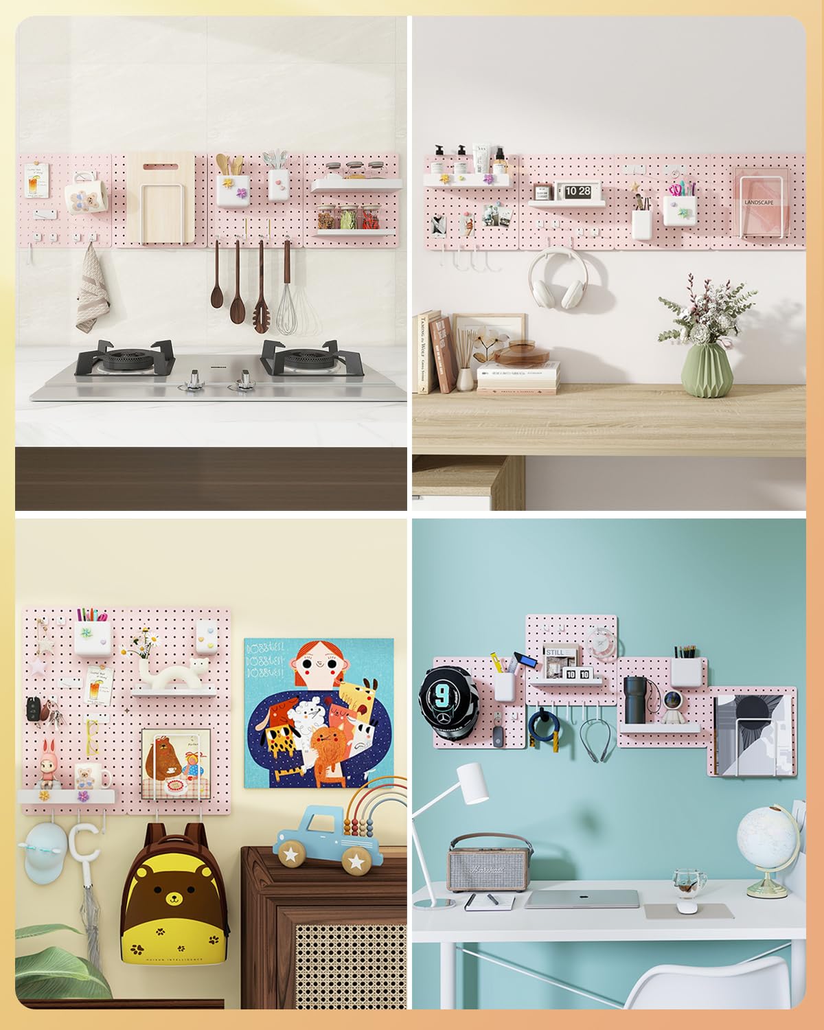 Soubeoii Metal Pegboard Combination Kit — 4 Carbon Steel Pegboards with 26 Accessories, Pegboard Wall Organizer for Home, Office, Study Room, Kitchen, Garage & Craft Room — 24″ × 24″ Pink Peg Board