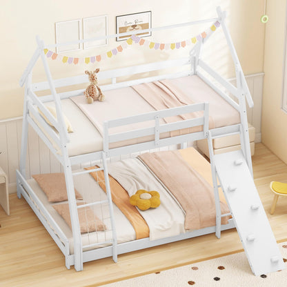 Giantex Twin Over Queen Bunk Bed, Wood House Bunk Bed for Kids with Climbing Nets and Ramp, Floor Queen Size Bunk Beds with Safety Guardrail, No Box Spring Needed, for Boys Girls Adults (White)