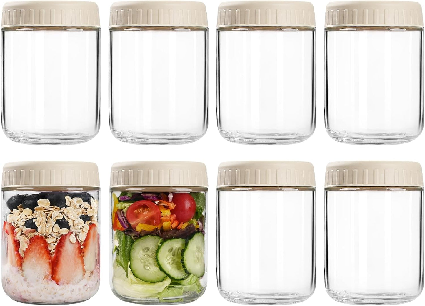 16oz 8 SHOWIN Overnight Oats Containers with Lids, Glass Jars with Lids pcs, Apricot, Wide Mouth Mason jars for Salad