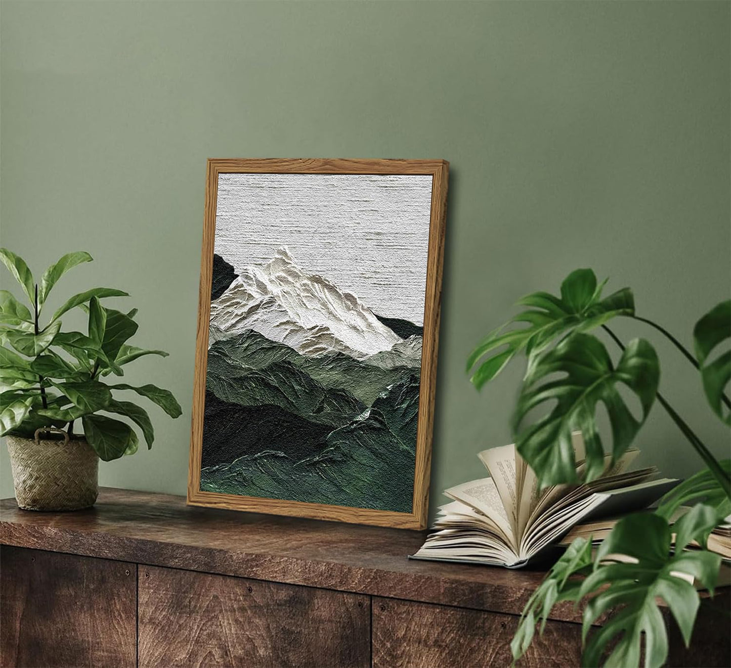Framed 3D Textured Mountain Wall Art, Abstract Green Snow Mountain Landscape Wall Decor Paintings, Hand Drawn Sandstone Modern Aesthetic Home Decor Pictures for Living Room Bedroom Office 12x16 inch