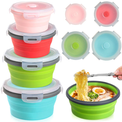 Suclain 4 Pcs Camping Bowl with Lid Collapsible Silicone Lunch Box Salad Bowl Expandable Food Storage Container Folding Travel Container for Hiking Camping(Red, Pink, Blue, Green,12 oz)