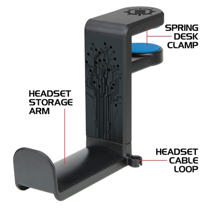 ENHANCE PC Gaming Headphone Holder - Desk Headphone Hanger Esports Headset Holder with Adjustable 360 Rotation, Under Desk Hook Clamp, Universal Fit - Built in Cable Clip Organizer - Black