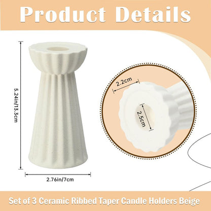 Honeydak Set of 3 Ceramic Taper Candle Holder Cream White Candlestick Holder Fluted Candle Stick Stand Boho Nordic Modern Decorative Table Centerpiece Wedding Home Dinner Party Housewarming Gift