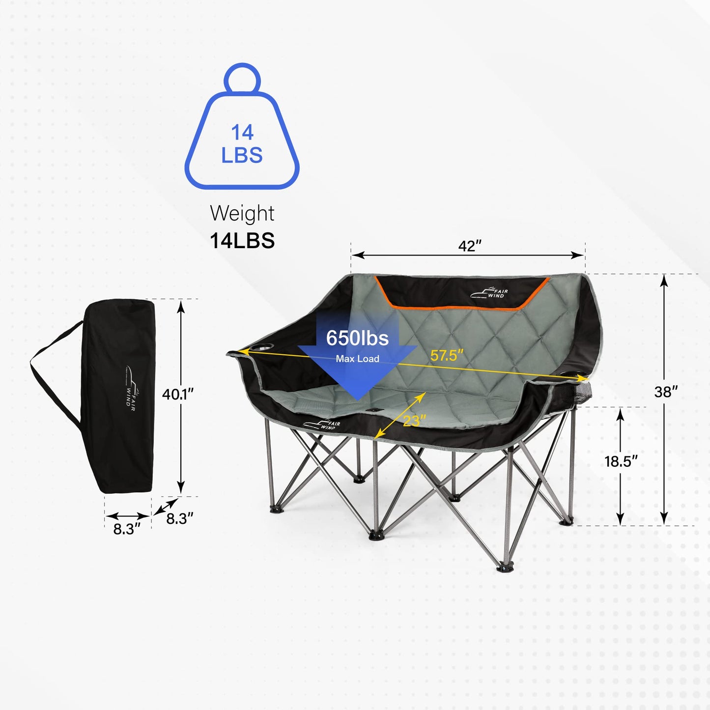 FAIR WIND Oversized Fully Padded Camping Chair Folding Loveseat Camping Couch Double Duo Chair Heavy Duty Quad Fold Arm Chair with Cup Hold - Supports 650 LBS Black