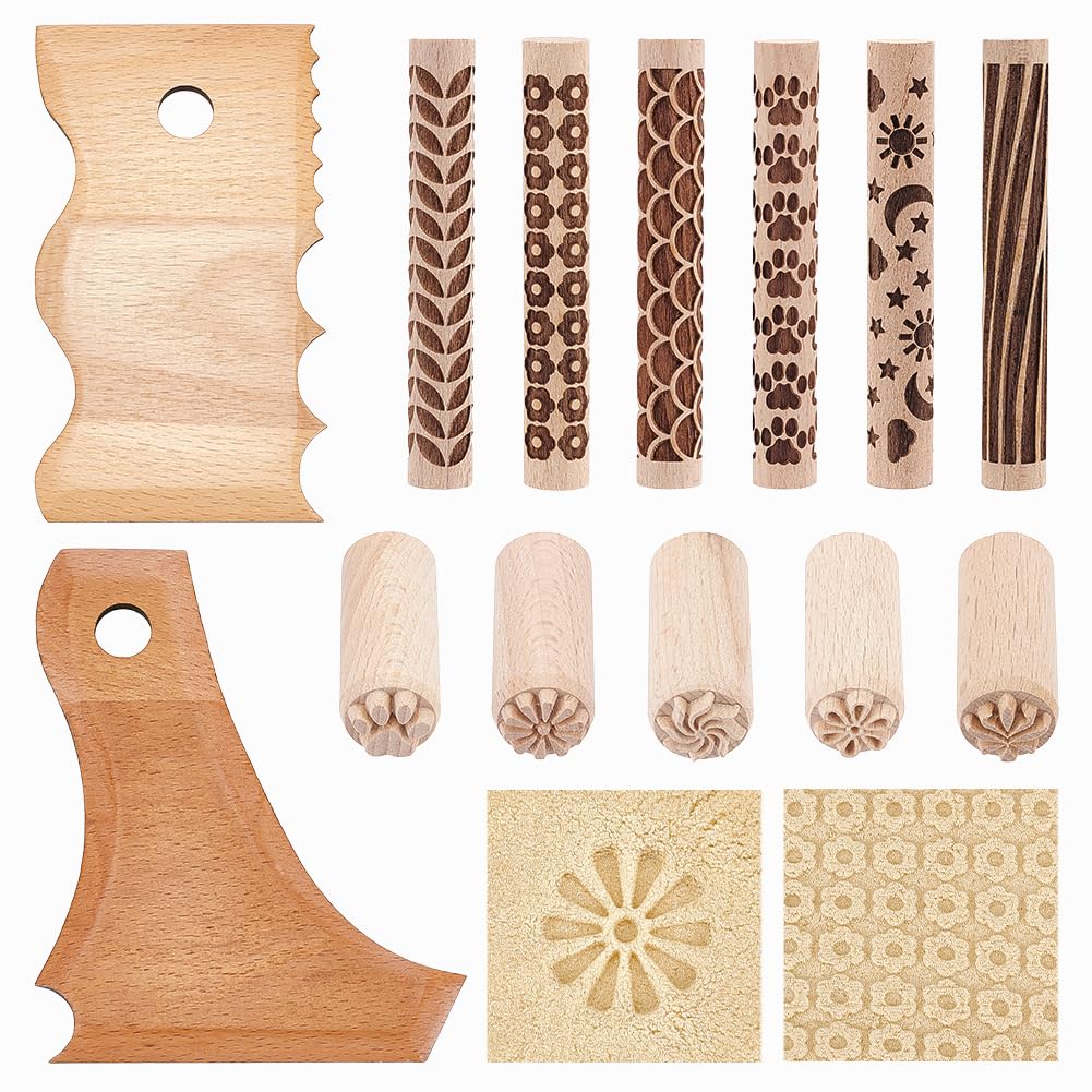 UNICRAFTALE 13Pcs 13 Styles Clay Pottery Tools Kit with 6 Clay Texture Rollers 5 Clays Stamps 2 Foot Shaper Tools Pottery Ribs Trimming Tool for DIY Handmade Clays Molding Sculpting Ceramics