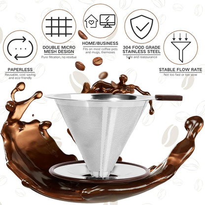 Pour Over Coffee Dripper, Professional Paperless Drip Brew Cone Maker with Reusable Stainless Steel Filter, 1-4 Cup
