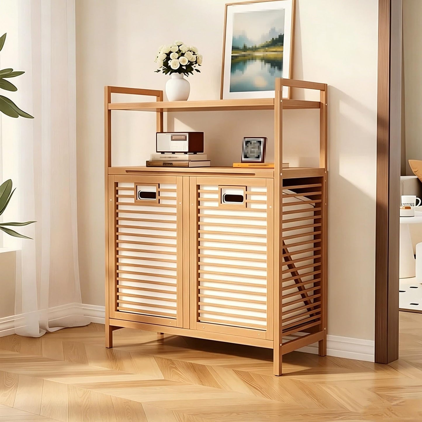 Tilt Out Bamboo Laundry Hamper Cabinet, 2 Removable 70L Bags, 2-Tier Shelves, 31.5"x11.8"x36.8" Freestanding Organizer for Bathroom Laundry Room & Bedroom