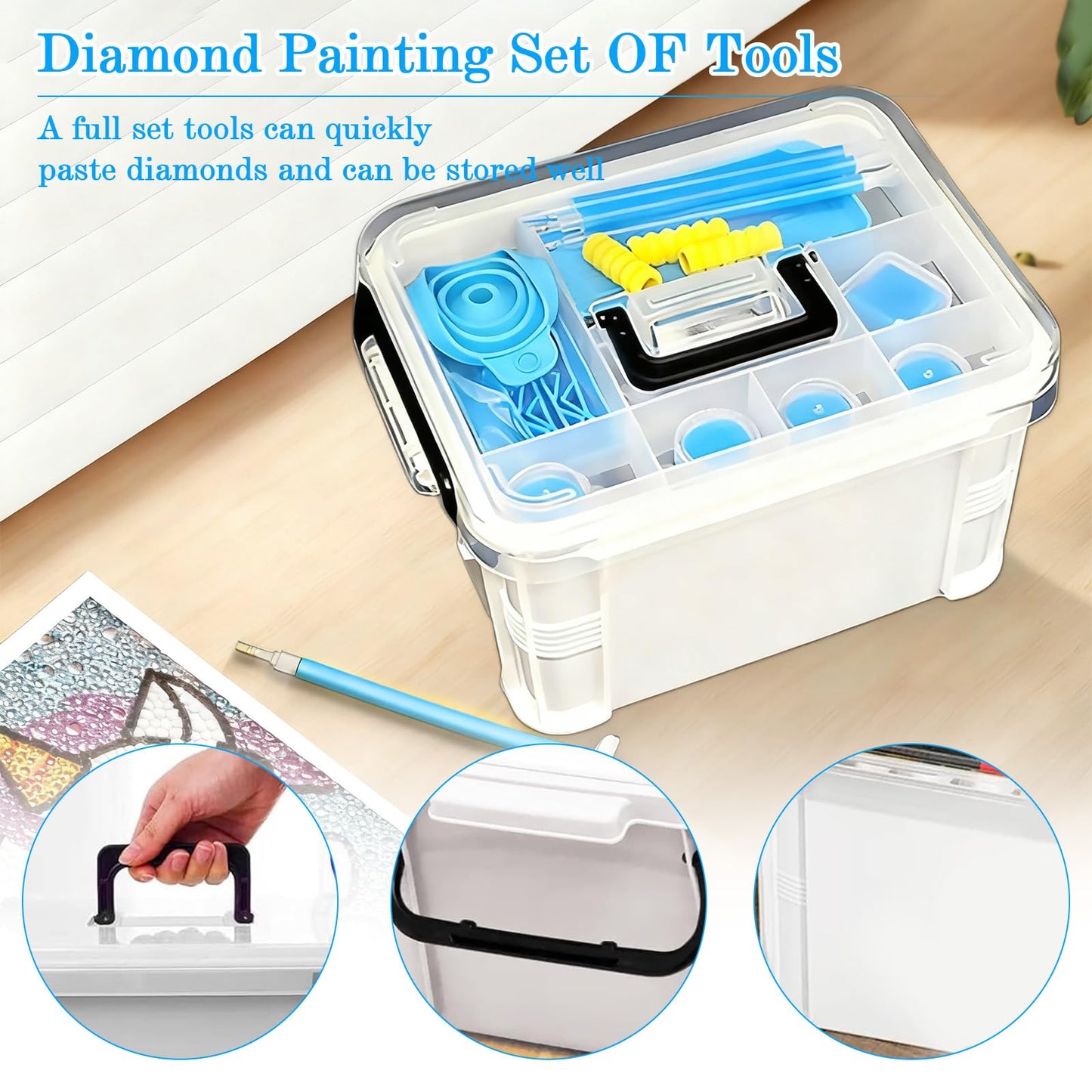 CXJINZE Diamond Painting Tools Accessories Storage-Kit 111Pcs 5D Set Portable Tool Box with Handle Craft Jewelry Bead Storage Blue Box Art Trays for Diamond Painting Accessories and Tools