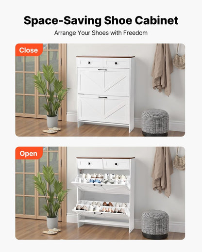 VEVOR Shoe Cabinet with 2 Flip Drawers, Farmhouse Shoes Storage Cabinet with 2 Drawers and Anti-Tipping Device, Freestanding Shoe Organizer Ideal for Entryway, Hallway, Bedroom, Living Room, White