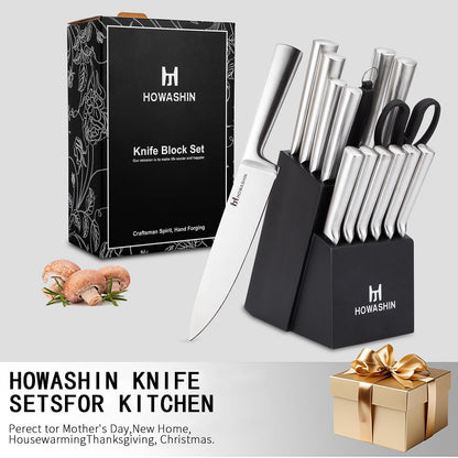 Knife Set with Block – Howashin Stainless Steel Kitchen Knife Set, Sharp Blade Set with Sharpening Steel– 15 Pcs Chef Knife Set