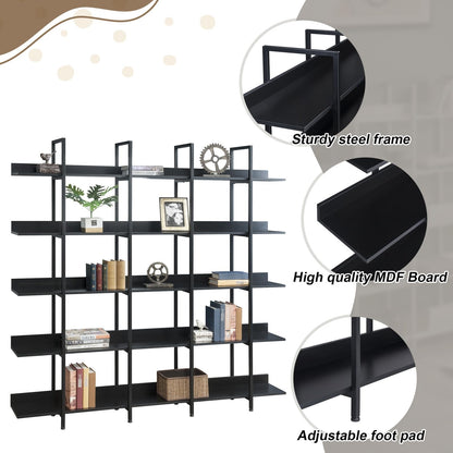 KCSWKJ 5 Tier Bookcase Home Office Open Bookshelf, Vintage Industrial Style Shelf with Metal Frame, MDF Board