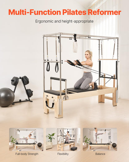 VEVOR Pilates Reformer, Wooden Pilates Machine for Home Gym Studio, Strength Training Workout Equipment with Dual Resistance, Reformer Box, Jump Board, for Advanced Users and Beginners, Up to 400 LBS