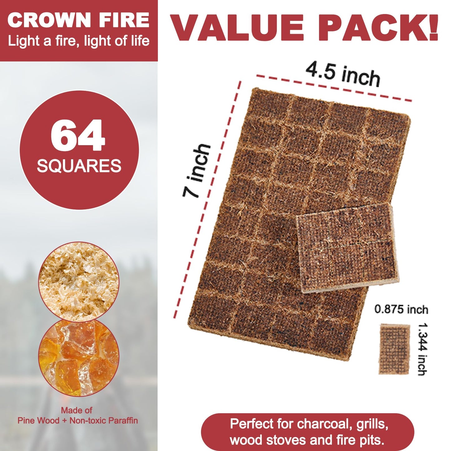 Fire Starter Cubes 64 Pcs - Fire Starters for Fireplace Indoor Outdoor Fire Pit, Chimney, BBQ Grill, Camping Fire, Wood Stove - Water Resistant and Safe Odorless Charcoal Starter - Camping Accessories