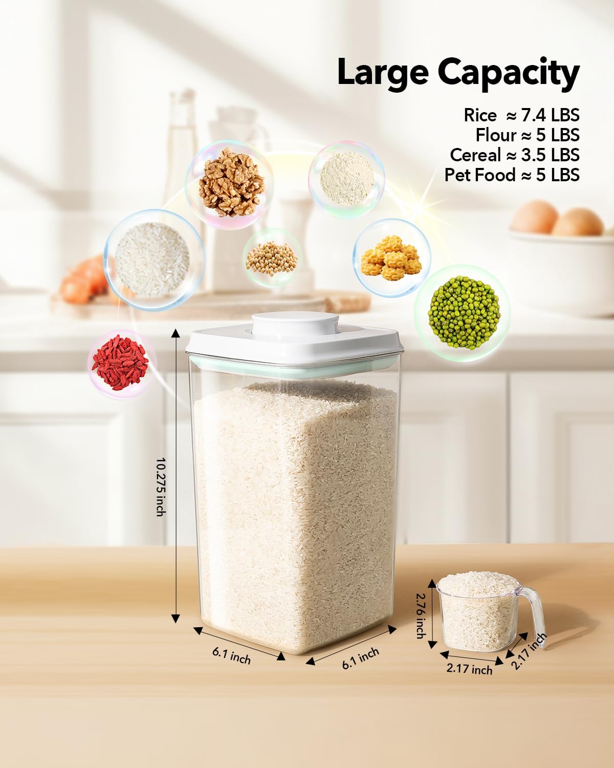130ml 4L/4.2qt Ankou Airtight Pop Food Storage Container with Lid & Scoop, BPA-Free Cereal, Rice, Flour, Pasta & Snack