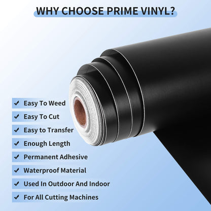 Prime Vinyl Permanent Vinyl - Matte Black Adhesive Vinyl for All Cutting Machine, 12" x55 FT Permanent Outdoor for Decor Sticker, Home Decal, Scrapbooking, Signs