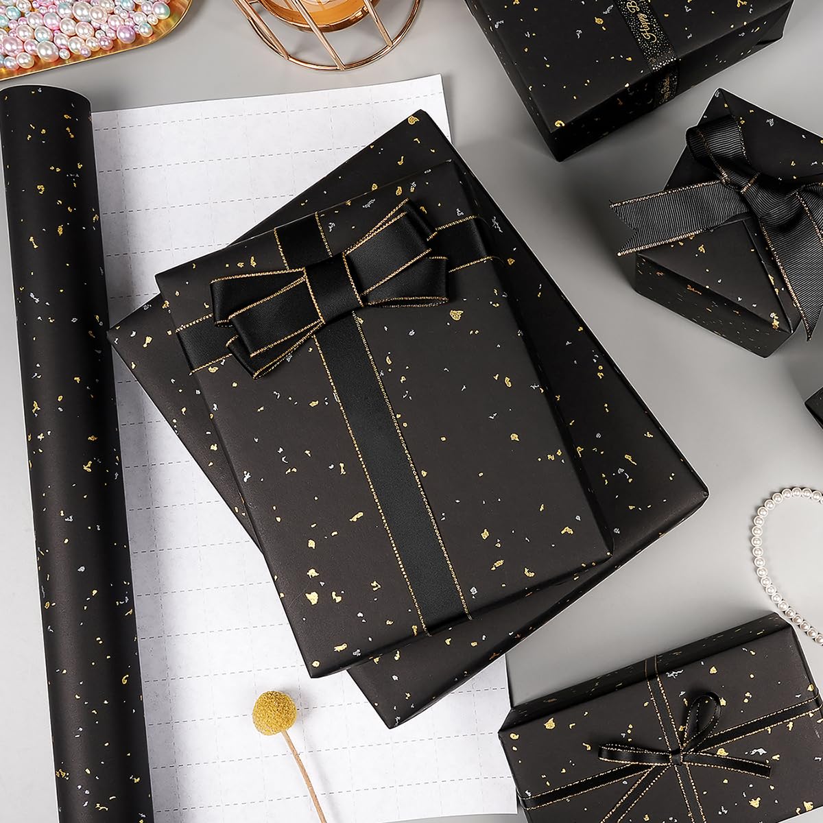 Black Wrapping Paper Roll - 17Inch×33Feet, Black and Gold Foil Wrapping Paper, Matte Kraft Gift Wrap Paper with Silver and Gold Foil Flake for Birthday Wedding Baby Shower Christmas Holiday All Occasions