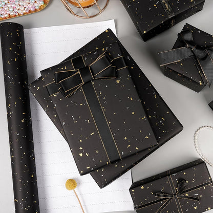 Black Wrapping Paper Roll - 17Inch×33Feet, Black and Gold Foil Wrapping Paper, Matte Kraft Gift Wrap Paper with Silver and Gold Foil Flake for Birthday Wedding Baby Shower Christmas Holiday All Occasions