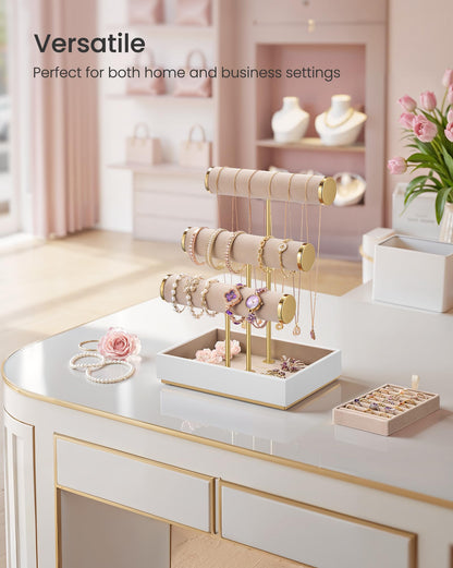 SONGMICS Bracelet Holder Stand, Jewelry Display Stand, Jewelry Organizer, with 3 Tiers and Velvet Tray, Removable Ring Holder, Cloud White and Camel Brown UJJS027A01