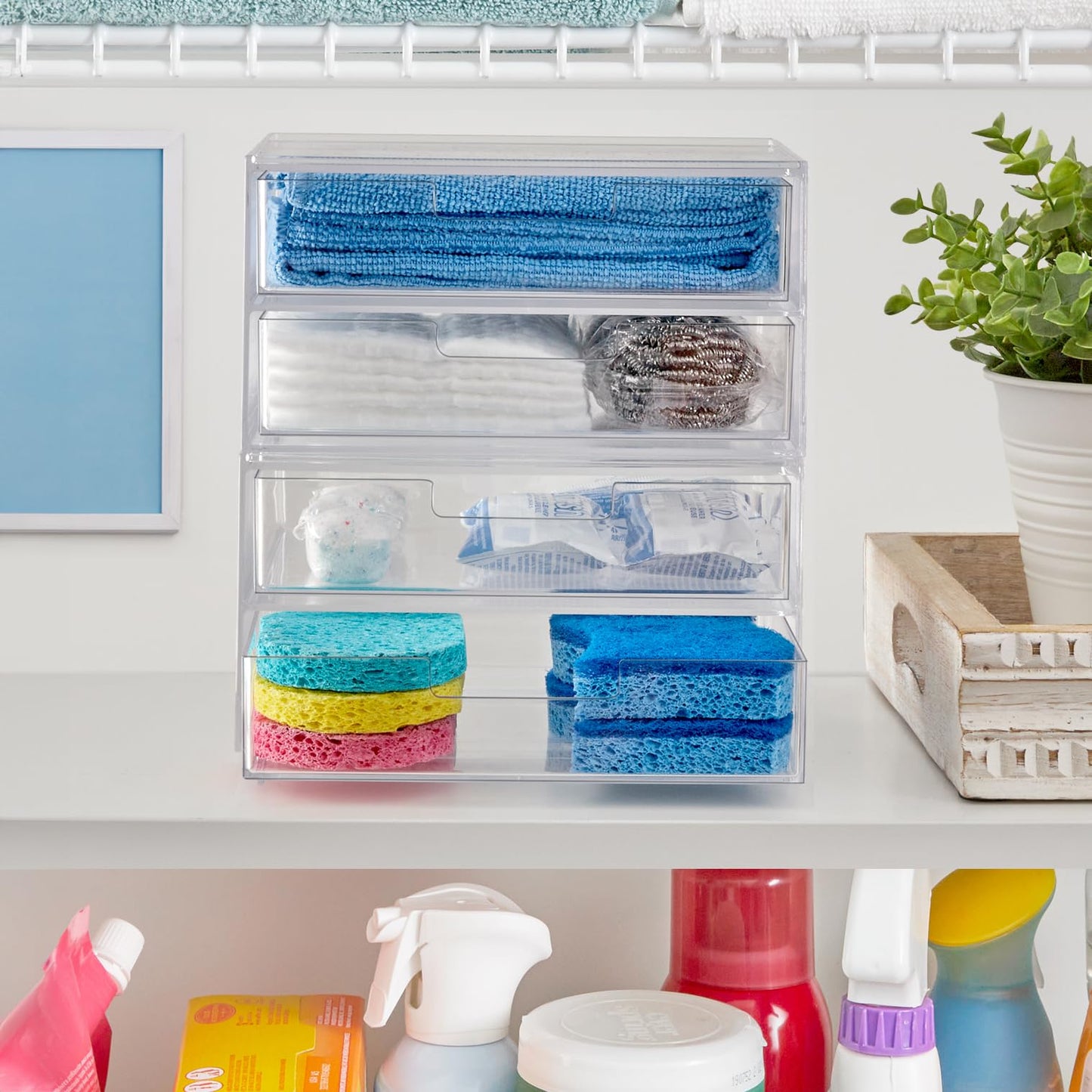 STORi Stackable Desk Drawer Organizer, Clear Pen Pencil Makeup Brush Holder for Desktops and Vanities, 4 Wide Drawers (Made in USA)