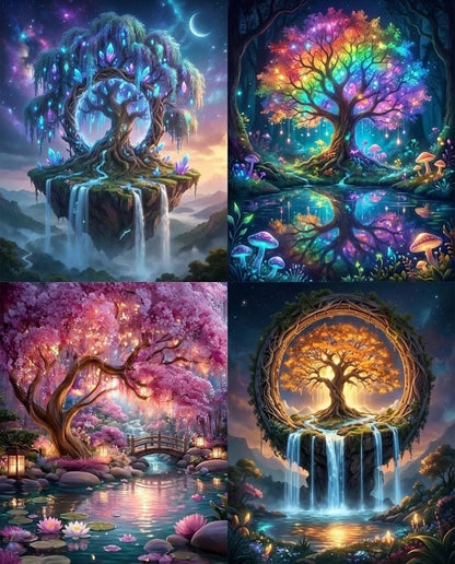Tree of Life Diamond Art Kits for Adults - 4 Pack Scenery 5D Round Drill Diamond Painting Kits DIY Diamond Painting Gem Art Crystal Waterfall Diamond Art Painting for Home Wall Decor 12X16Inch
