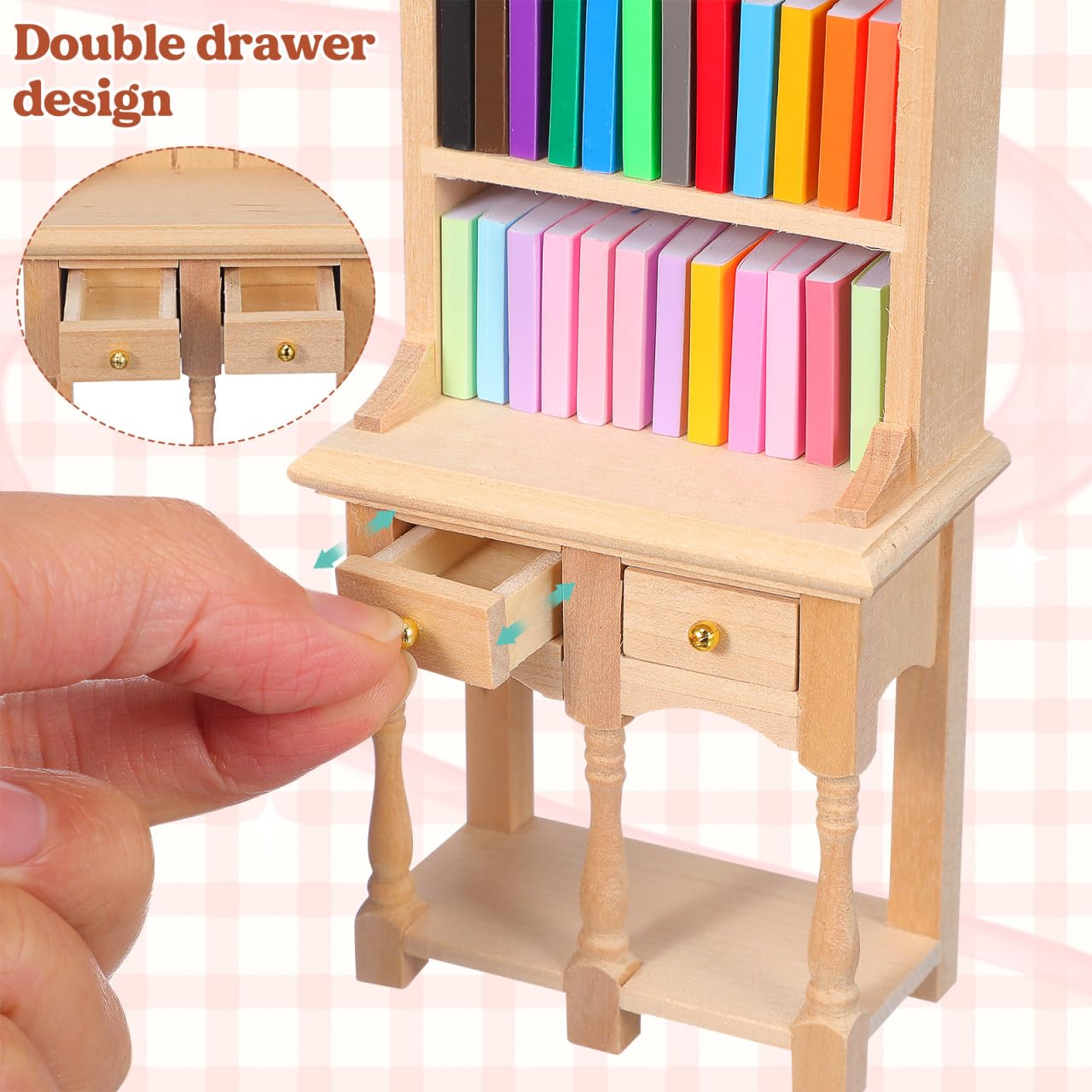 NUOBESTY 1:12 Scale Dollhouse Bookshelf, Miniature Wooden Cabinet with Drawers, Mini Display Shelf for Doll House Furniture Accessories, Tiny Library Study Room Decor Model