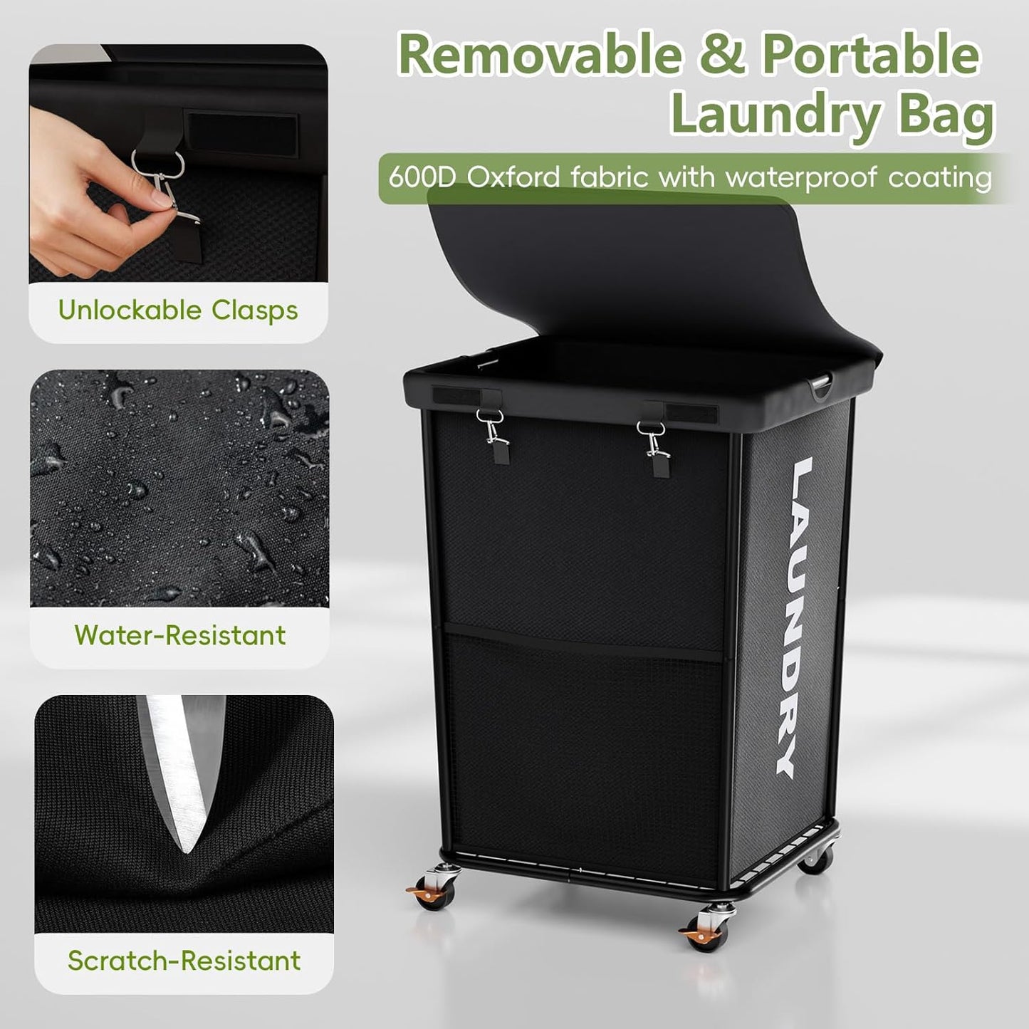 150L Laundry Basket with Wheels, Rolling Laundry Hamper with Cloth Cover, Laundry Cart with Metal Frame & Removable