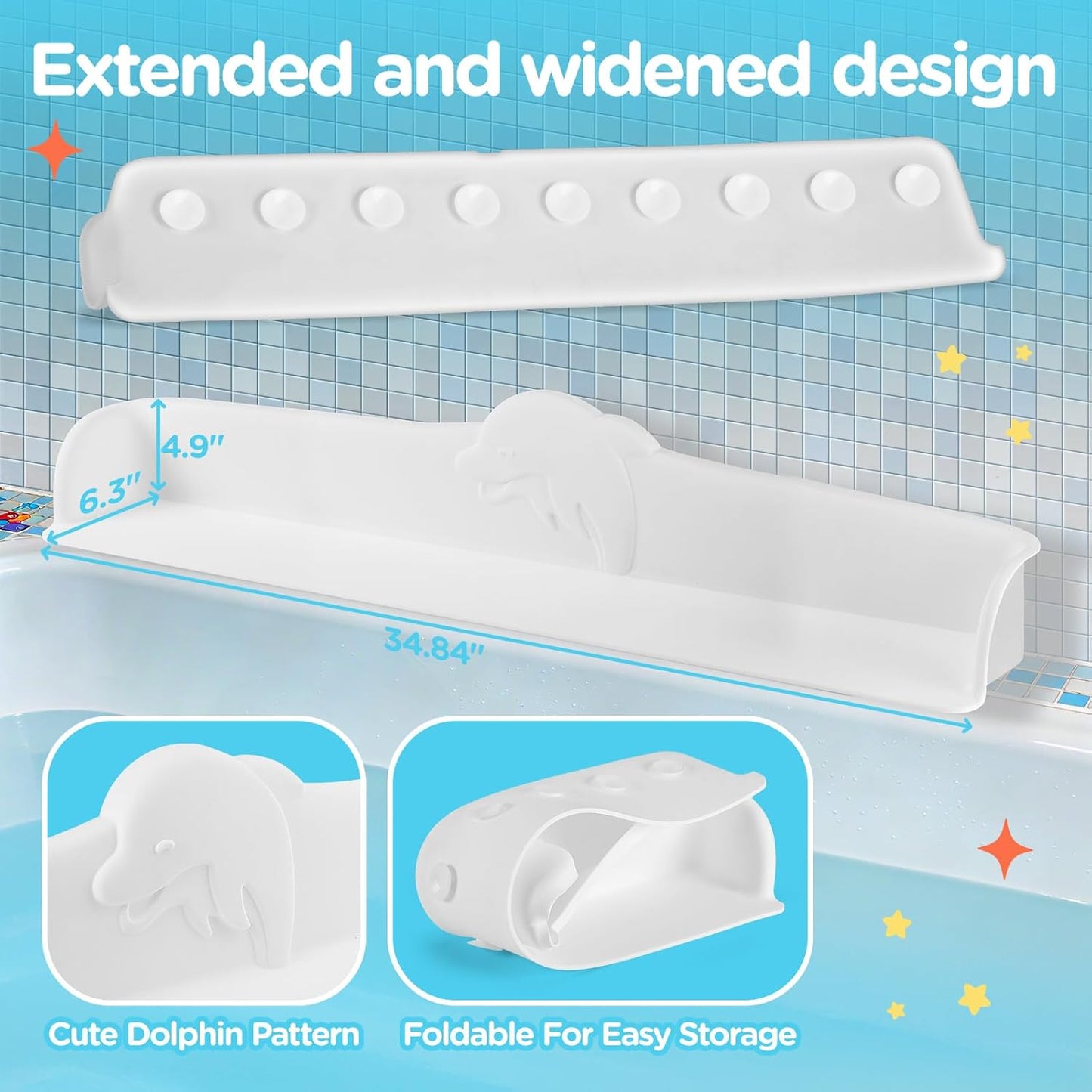 Nelebe Rhh 3FT Dolphin Pattern Bathtub Splash Guard Play Shelf for the Wide &Straight Bathtub Edge Toy Tray Caddy