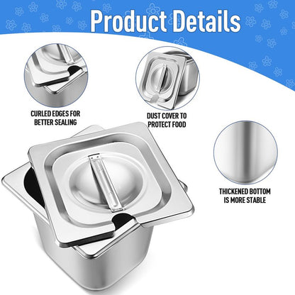Maxcheck 12 Pcs Stainless Steel Hotel Pan with Lids 1/6 Size Chafing Steam Table Catering Pans with Notched Cover Commercial Stackable Metal Steamer for Buffet Party Storage Food(5.9 Inch)