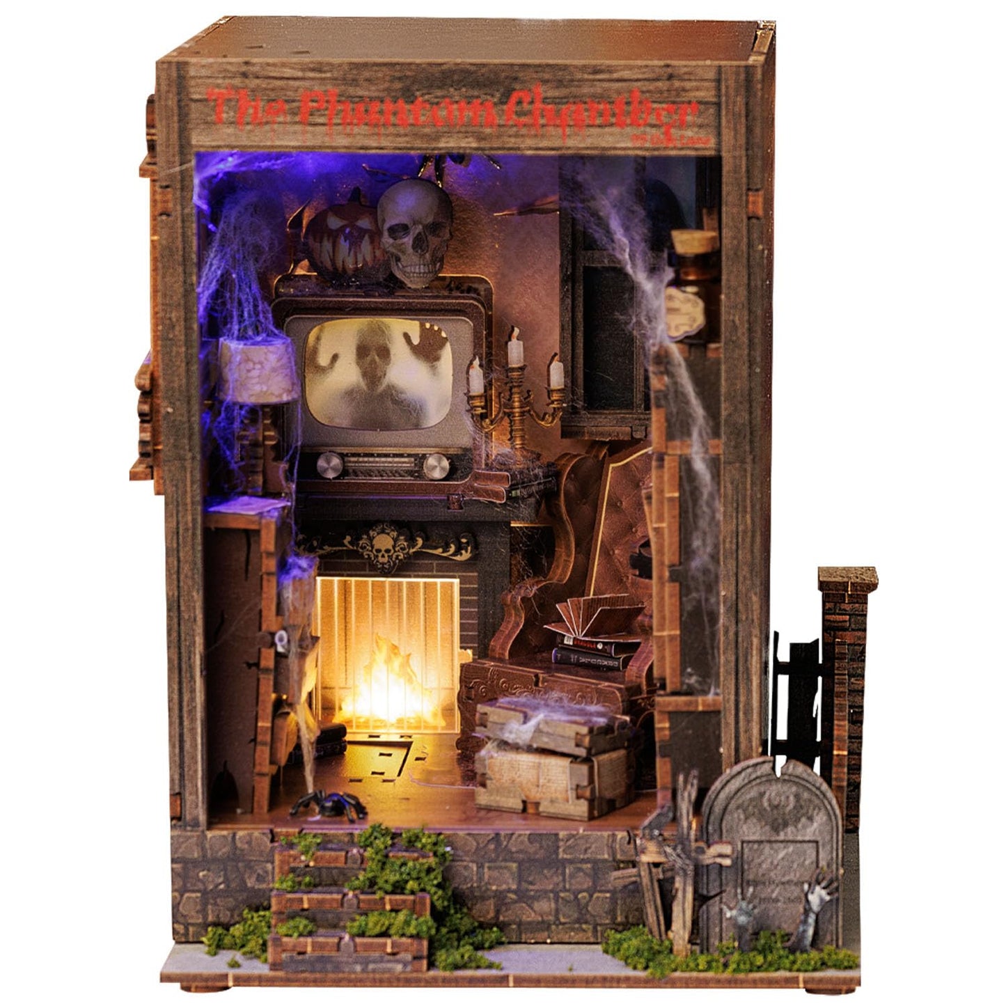 Book Nook Kit,DIY 3D Wooden Miniature Dollhouse Kit Gifts for Adults,The Phantom Chamber Haunted House Booknook with LED Light