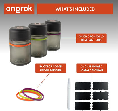 180ml, 3 Pack ONGROK Glass Storage Jar, | UV Herb/Spice Jar with ChildResistant Lid, ColorCoded Glass Containers