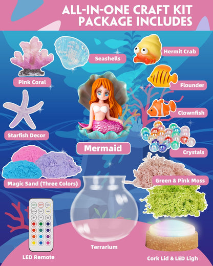 Winnrok Mermaid Terrarium Kit for Girls - DIY Night Light Craft with 13-Color LED, Remote & Timer. Ideal Easter Basket Stuffers, Birthday Gift for Kids Ages 4-8-12. Create Underwater Garden
