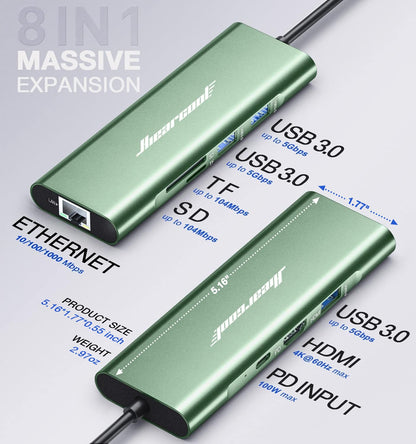 Hiearcool USB C Hub Ethernet,4K@60 USB-C to HDMI Hub,8in1 Multi-Port USBC Adapter Type C Dock Dongle Compatible for MacBook Pro Air iPad Dell Lenovo