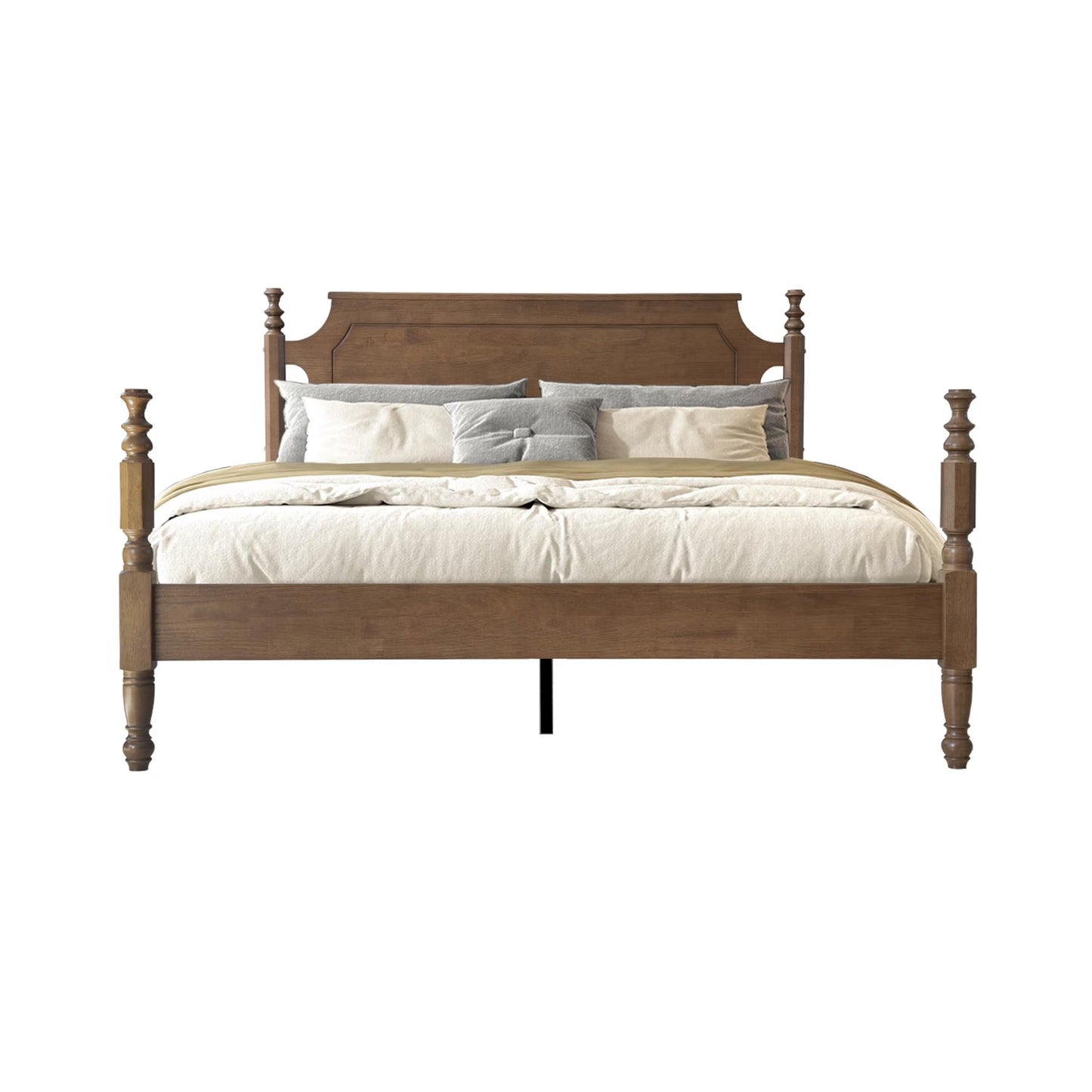 Solid Wood Queen Size Bed Frame with Headboard & Footboard, 12 Strong Slats, Center Metal Legs, Anti-Slip & Noise-Free Design, No Box Spring Needed, Quick Assemble, Barnwood Finish, ROQ-30