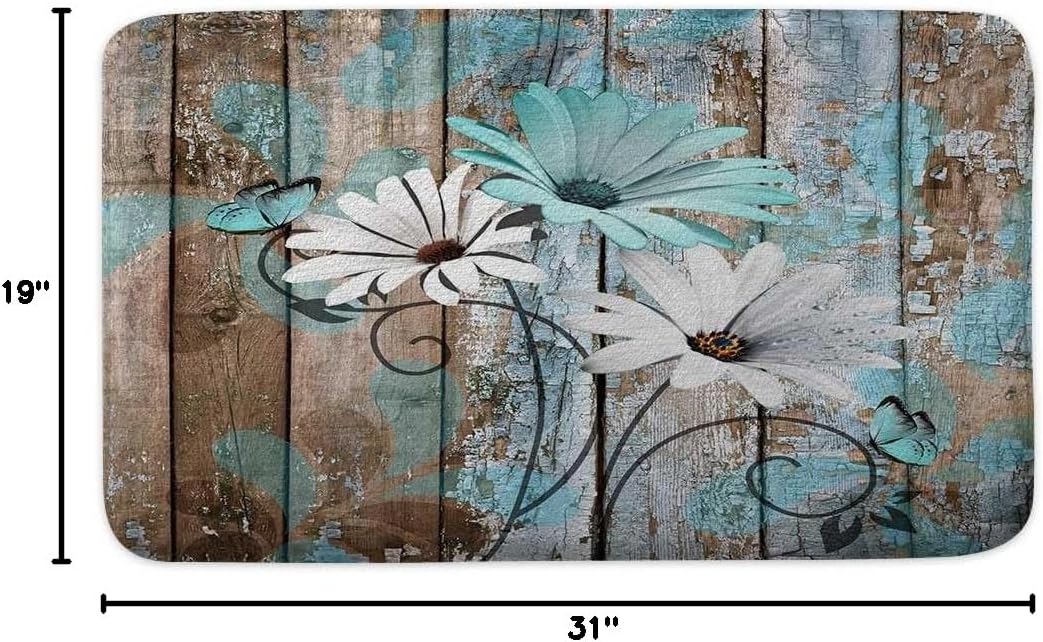 Farmhouse Floral Flower Bath Mat, Teal Daisy Rustic Wooden Plank Non-Slip Soft Doormat for Indoor Outdoor