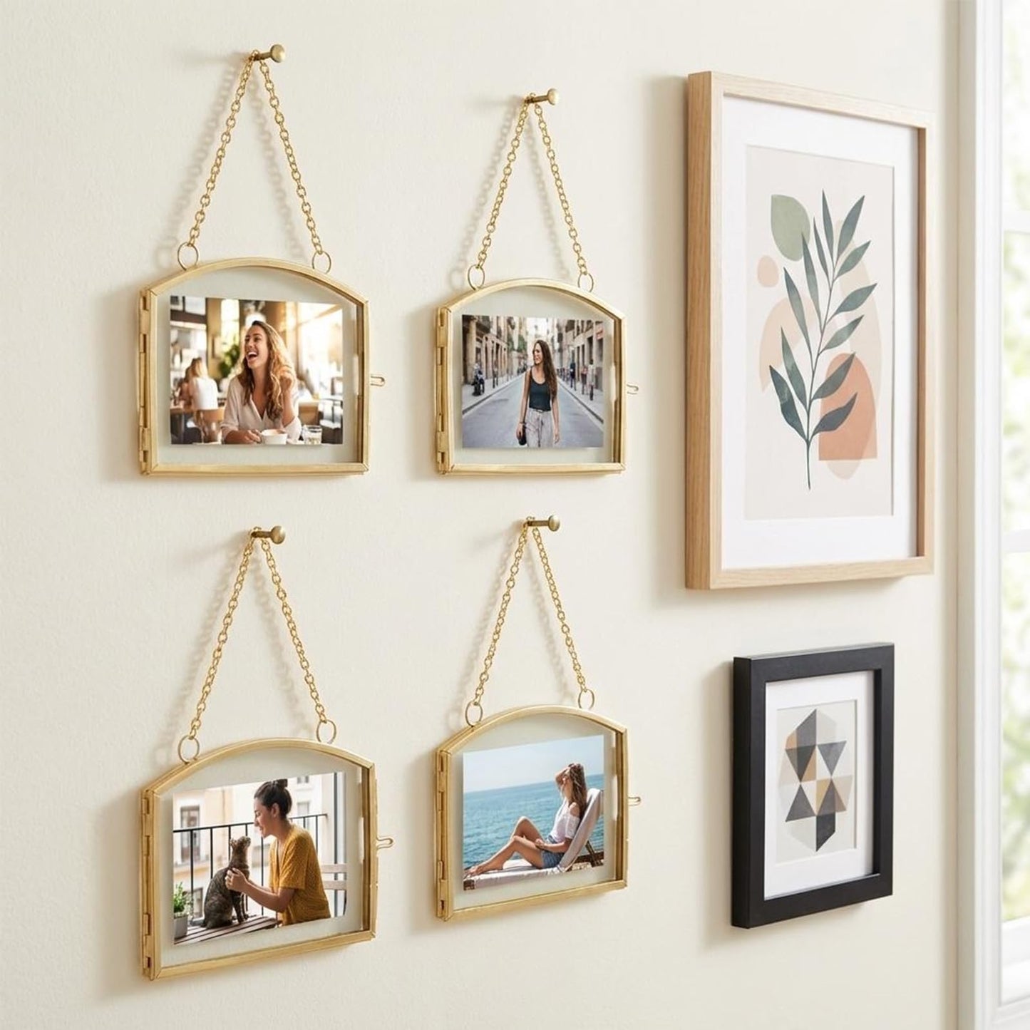 FOCHIER 4 Pcs Double Glass Frame for Pressed Flowers Floating Hanging Photo Frame 3x2 in Brass Clear Pressed Flower Decor with Chain for Display Gallery Artwork, Horizontal Vertical, Gold