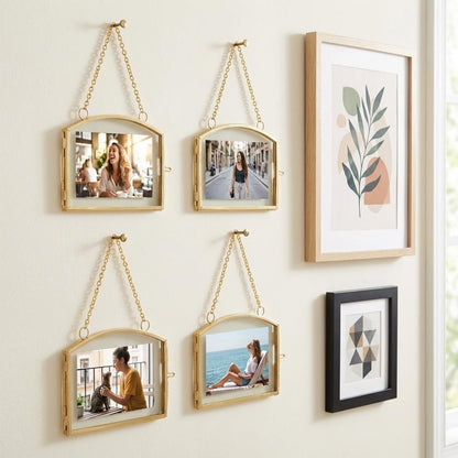 FOCHIER 4 Pcs Double Glass Frame for Pressed Flowers Floating Hanging Photo Frame 3x2 in Brass Clear Pressed Flower Decor with Chain for Display Gallery Artwork, Horizontal Vertical, Gold