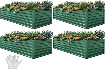 YITAHOME 4pcs 72x36x24 in Galvanized Raised Garden Bed Kit, Large Metal Planter Box with Gloves & Support Rod, Outdoor Flower Bed for Plants Vegetables, Green